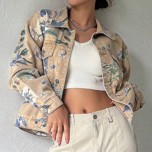 Boho Floral Print Button Down Denim Jean Jacket Shacket - Picture 1 of 10